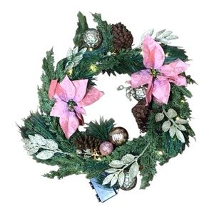 Festive Foldable Green Wreath with Pink  and LED lights